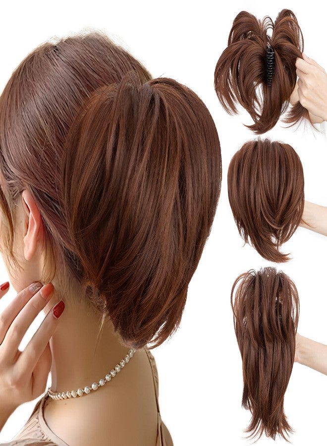 SEGO Claw Clip Short Ponytail Extension Messy Bun Hair Piece With 4 Bendable Metals DIY Synthetic Fake Hair Bun For Women 8 Inch #30H33A Copper Brown/Dark Auburn - Image 1